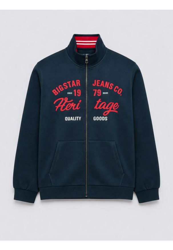Big-Star - Bluza męska rozpinana z dużą aplikacją granatowa Shon 403. Okazja: na co dzień, do pracy, na spacer. Kolor: niebieski. Materiał: dzianina. Wzór: aplikacja. Styl: casual, sportowy