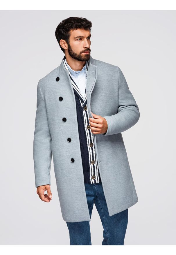 Ombre Clothing - Płaszcz męski z wysokim kołnierzem i asymetrycznym zapięciem – szary melanż V1 - Rozmiar: L. Okazja: na co dzień. Kolor: szary. Materiał: syntetyk, wiskoza, poliester, materiał. Wzór: melanż. Styl: wizytowy, casual, elegancki