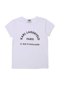 Karl Lagerfeld - T-shirt dziecięcy. Okazja: na co dzień. Kolor: biały. Materiał: bawełna, materiał, dzianina, elastan. Długość rękawa: krótki rękaw. Długość: krótkie. Wzór: nadruk. Styl: casual, klasyczny #1