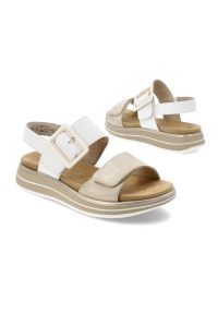 Białe Sandały Remonte Modne Obuwie Damskie Zapinane Na Rzep. Zapięcie: rzepy. Kolor: biały. Materiał: materiał. Wzór: paski. Sezon: lato. Styl: elegancki #3