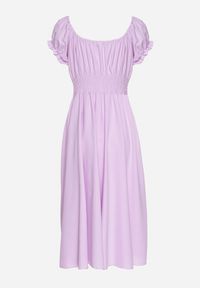 Born2be - Fioletowa Sukienka z Bawełną Typu Hiszpanka z Ozdobnymi Bufkami Lunaleia. Okazja: na co dzień. Typ kołnierza: dekolt hiszpanka. Kolor: fioletowy. Materiał: bawełna. Styl: elegancki, casual, klasyczny #5