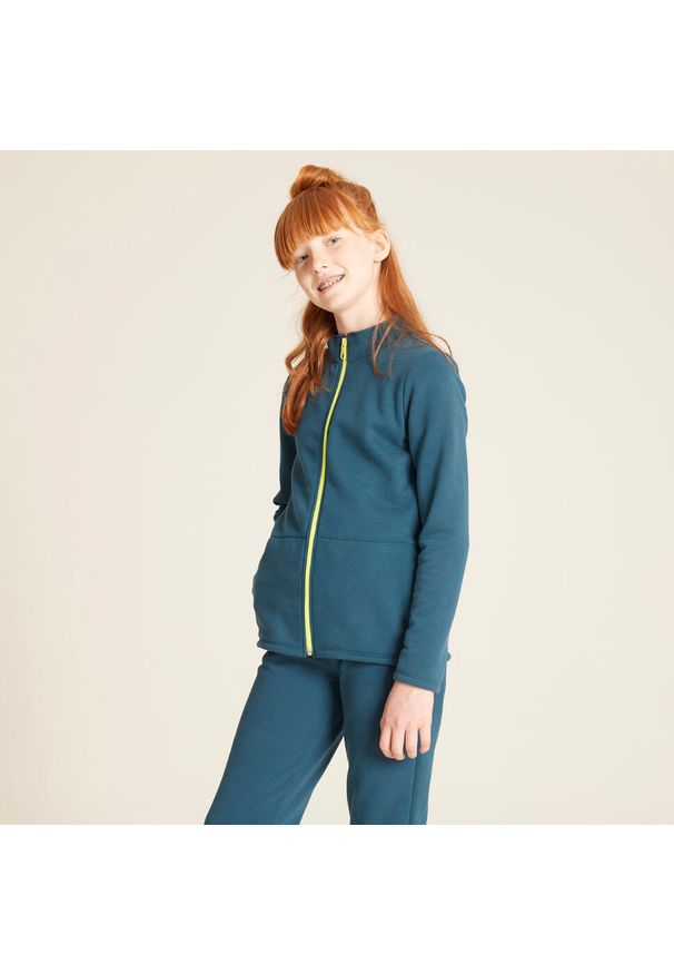 DOMYOS - Dres dziecięcy Domyos Warmy Zip. Okazja: na uczelnię. Kolekcja: plus size. Kolor: zielony, niebieski, wielokolorowy. Materiał: materiał, poliester, bawełna. Styl: sportowy