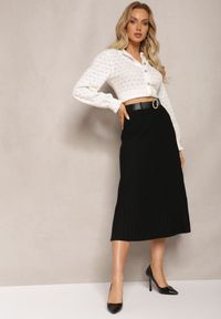 Renee - Czarna Midi Plisowana Spódnica z Gumką w Pasie i Paskiem z Ekoskóry Juara. Kolor: czarny. Materiał: wiskoza. Styl: klasyczny