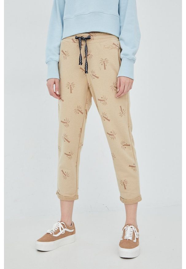 Femi Stories spodnie dresowe damskie kolor beżowy wzorzyste. Stan: podwyższony. Kolor: beżowy. Materiał: dresówka