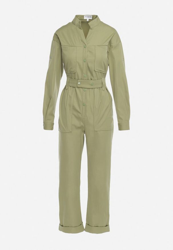 Born2be - Zielony Długi Kombinezon w Rustykalnym Stylu z Paskiem Orilena. Kolor: zielony. Materiał: materiał. Długość: długie. Styl: sportowy