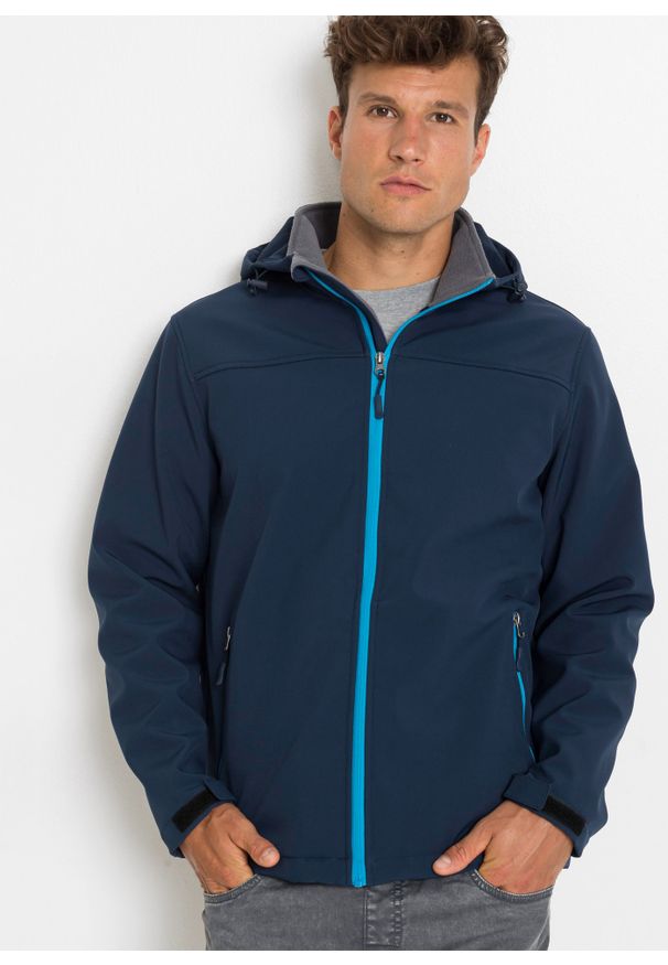 bonprix - Kurtka softshell w wygodnym fasonie. Kolor: niebieski. Materiał: softshell. Długość: długie