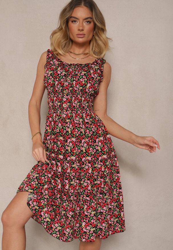 Renee - Czarna Bawełniana Sukienka z Guzikami o Rozkloszowanym Kroju w Kwiatowy Print Roniselle. Okazja: na co dzień. Kolor: czarny. Materiał: bawełna. Wzór: kwiaty, nadruk. Styl: klasyczny, elegancki, casual