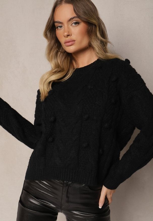 Renee - Czarny Sweter z Wełną i Wiskozą Ozdobiony Tłoczeniem i Kulkami Vaiannae. Kolor: czarny. Materiał: wiskoza, wełna. Wzór: aplikacja. Sezon: zima