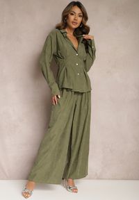 Renee - Ciemnozielony Komplet Luźne Spodnie na Gumce i Dłuższa Koszula Wiązana na Plecach Darienas. Kolor: zielony. Materiał: tkanina #1