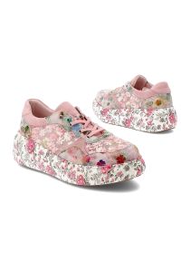 Sneakersy damskie Laura Vita, podwyższona podeszwa z ozdobnym wzorem na bokach oraz miękki kołnierz przy kostce, różowy, 64 SL26803B-64. Okazja: na co dzień. Kolor: różowy. Materiał: jeans, materiał. Szerokość cholewki: normalna. Wzór: aplikacja, kwiaty. Styl: casual #7