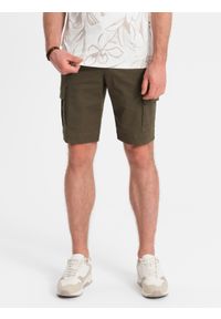 Ombre Clothing - Jednokolorowe szorty męskie z kieszeniami cargo – ciemnooliwkowe V2 - Rozmiar: S. Okazja: na co dzień. Kolor: oliwkowy. Materiał: bawełna, elastan, poliester, materiał. Długość: krótkie. Wzór: gładki, aplikacja, haft, jednolity. Sezon: lato. Styl: wakacyjny, casual #6