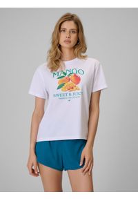 4f - 4F T-shirt loose z nadrukiem damski - biały L. Okazja: na co dzień. Kolor: biały. Materiał: materiał, bawełna, dzianina. Wzór: nadruk. Styl: casual #1