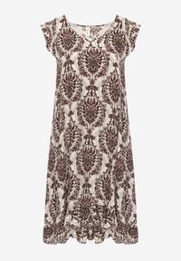 Renee - Brązowo-Beżowa Boho Sukienka z Bawełny na Ramiączkach Ozdobiona Falbanką Testalaya. Okazja: na co dzień, na spacer. Typ kołnierza: dekolt w serek. Kolor: brązowy. Materiał: bawełna. Długość rękawa: na ramiączkach. Wzór: aplikacja. Sezon: lato. Styl: boho #8