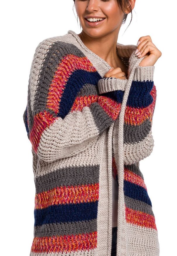 BE Knit - Kolorowy długi sweter kardigan narzutka z modnym splotem. Materiał: materiał, akryl. Długość rękawa: długi rękaw. Długość: długie. Wzór: ze splotem, kolorowy