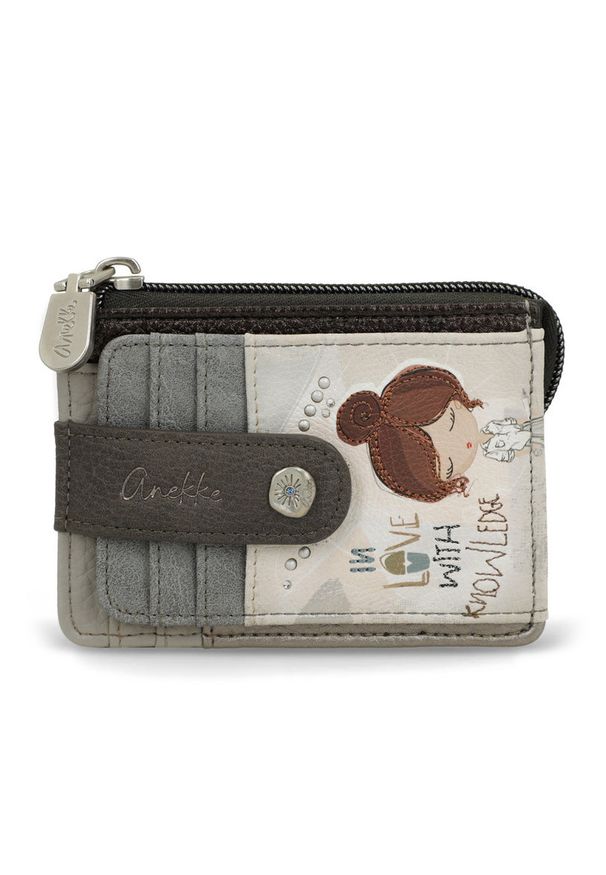 Etui na karty damskie Anekke, z efektownym nadrukiem i metalowym logo wyposażony w przegrodę na banknoty kieszeń na monety zamykaną na suwak oraz lic. Kolor: szary. Wzór: nadruk