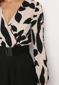 Born2be - Beżowo-Czarny Elegancki Kombinezon z Wzorzystą Górą Szerokimi Nogawkami i Paskiem Grepia. Kolor: beżowy. Materiał: bawełna. Styl: elegancki #4