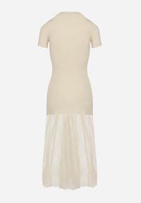 Born2be - Beżowa Prążkowana Sukienka z Koronkowym Dołem Vilzedi. Kolor: beżowy. Materiał: prążkowany, koronka. Typ sukienki: proste. Styl: glamour, elegancki #4