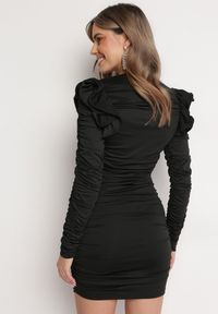 Born2be - Czarna Drapowana Sukienka Mini z Rozcięciami i Kwiatami Jadinia. Kolor: czarny. Wzór: kwiaty. Styl: elegancki. Długość: mini #6