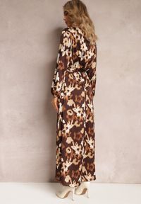 Renee - Brązowa Sukienka Maxi w Kwiaty z Kopertową Górą i Paskiem Samahine. Kolor: brązowy. Wzór: kwiaty. Typ sukienki: kopertowe. Długość: maxi #3