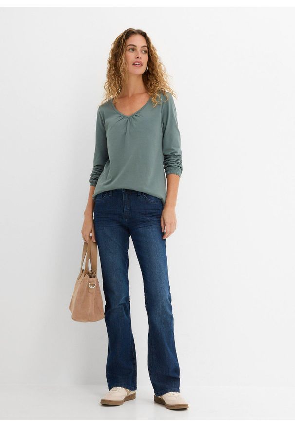 bonprix - Bluzka bawełniana z czystej bawełny z długim rękawem i gumką. Typ kołnierza: dekolt w serek. Kolor: zielony. Materiał: bawełna. Długość rękawa: długi rękaw. Długość: długie
