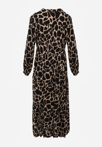 Born2be - Czarno-Beżowa Sukienka Argope. Typ kołnierza: dekolt w serek. Kolor: beżowy. Wzór: nadruk. Styl: klasyczny. Długość: midi #2