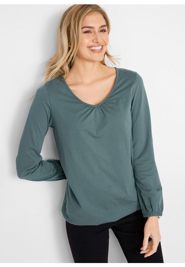 bonprix - Bluzka bawełniana z czystej bawełny z długim rękawem i gumką. Typ kołnierza: dekolt w serek. Kolor: zielony. Materiał: bawełna. Długość rękawa: długi rękaw. Długość: długie