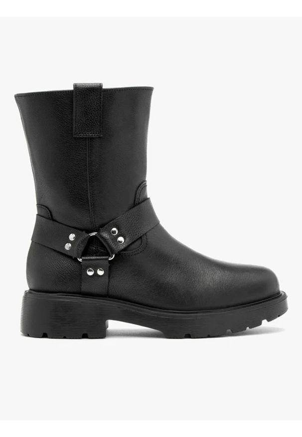 Ryłko - Botki typu biker z metalowymi ozdobami. Nosek buta: okrągły. Zapięcie: zamek. Kolor: czarny. Materiał: skóra. Szerokość cholewki: normalna. Wzór: aplikacja. Styl: street