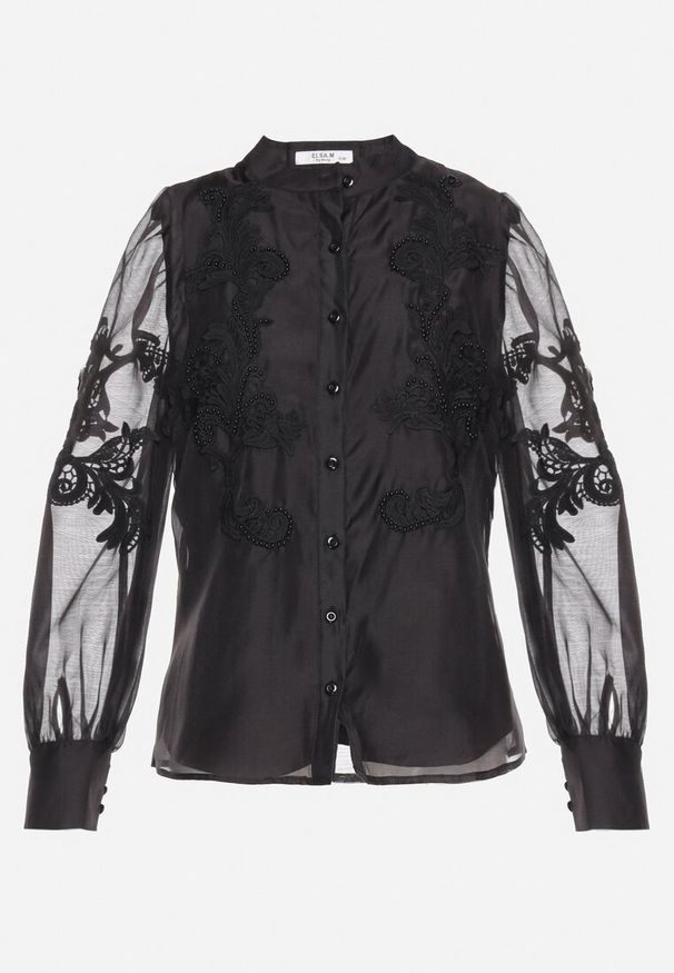 Born2be - Czarna Koszula z Siateczkowym Rękawem i Ażurową Koronką i Perełkami Sindomi. Okazja: na imprezę. Kolor: czarny. Materiał: koronka. Wzór: koronka, ażurowy