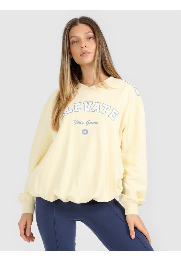 4f - 4F Bluza dresowa nierozpinana bez kaptura damska - żółta M. Okazja: na co dzień. Typ kołnierza: bez kaptura. Kolor: żółty. Materiał: dresówka. Wzór: nadruk. Styl: casual. Sport: fitness