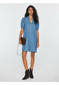 Big-Star - sukienka damska mini jeansowa z bufiastymi rękawami niebieska jennie 270. Okazja: na co dzień. Kolor: niebieski. Materiał: jeans. Długość rękawa: krótki rękaw. Typ sukienki: w kształcie A, trapezowe. Styl: casual. Długość: mini #1
