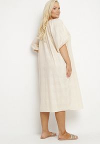 Born2be - Beżowa Bawełniana Sukienka Oversize z Wiązaniem pod Szyją Tolanea. Kolor: beżowy. Materiał: bawełna. Długość rękawa: krótki rękaw. Typ sukienki: oversize