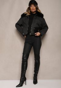 Renee - Czarna Elegancka Kurtka z Kołnierzem z Futerka i Błyszczącą Nicią Vertilora. Okazja: na co dzień, na imprezę, na spacer. Kolor: czarny. Materiał: futro. Styl: elegancki #4