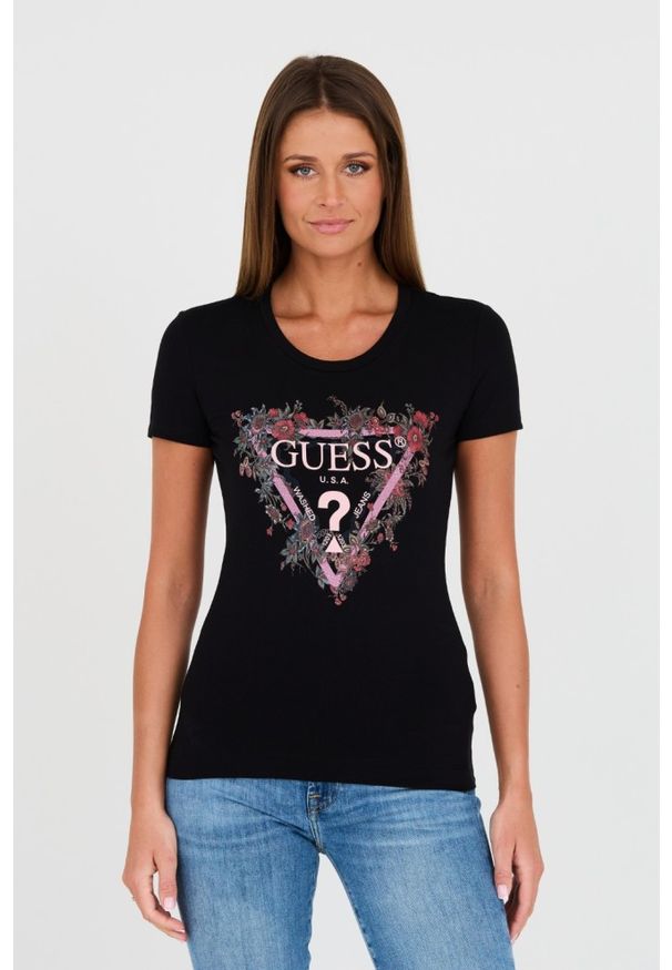 Guess - GUESS Czarny damski t-shirt bawełniany z logo, Rozmiar S. Kolor: czarny. Materiał: bawełna. Wzór: nadruk