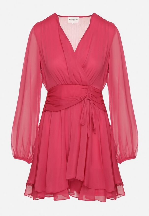 Born2be - Różowa Rozkloszowana Sukienka z Kopertowym Dekoltem z Mgiełkowej Tkaniny Ninareth. Okazja: na co dzień. Typ kołnierza: dekolt kopertowy. Kolor: różowy. Materiał: tkanina. Długość rękawa: długi rękaw. Typ sukienki: kopertowe. Styl: casual, elegancki