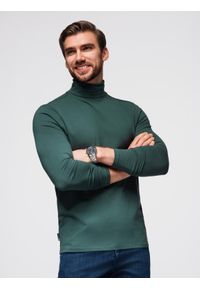 Ombre Clothing - Męski longsleeve gładki z golfem - ciemnozielony V7. Okazja: na co dzień. Typ kołnierza: golf. Kolor: zielony. Materiał: dzianina, bawełna, elastan, jeans. Długość rękawa: długi rękaw. Wzór: gładki. Sezon: jesień, zima. Styl: casual, klasyczny, elegancki