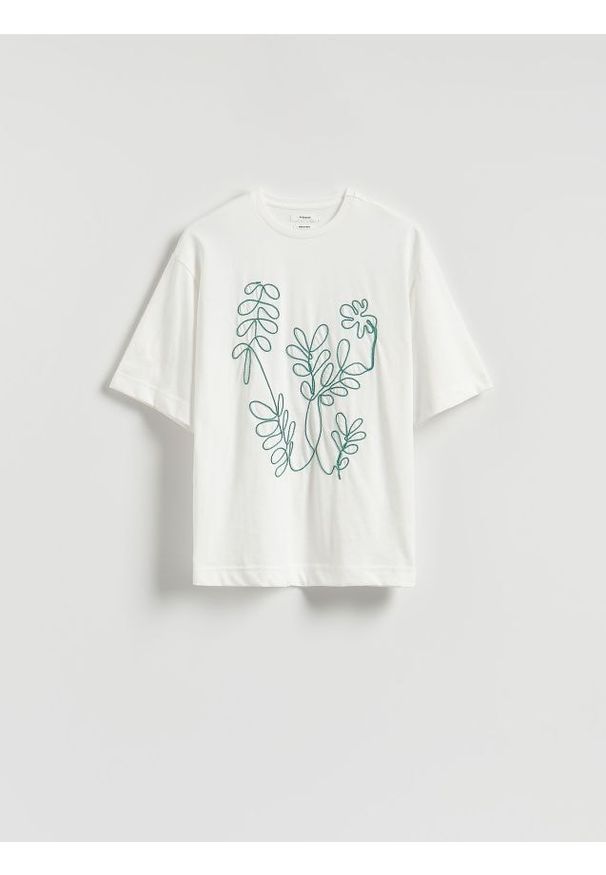 Reserved - T-shirt z haftem - zielony. Kolor: zielony. Materiał: bawełna, dzianina. Wzór: haft
