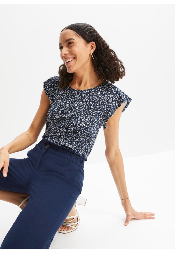 bonprix - Shirt z rękawami z falbanami. Kolor: niebieski