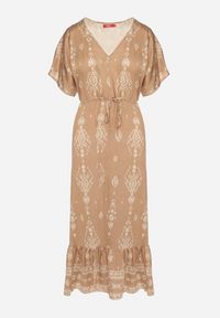 Born2be - Ciemnobeżowa Sukienka Rozkloszowana z Wiskozą w Boho Wzór z Falbaną Turaline. Typ kołnierza: kołnierz z falbankami. Kolor: beżowy. Materiał: wiskoza. Sezon: lato. Typ sukienki: rozkloszowane. Styl: boho #5