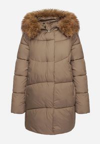 Born2be - Ciemnozielona Pikowana Kurtka z Kapturem z Odpinanym Futrem i Wiązanym Paskiem Issaronia. Okazja: na co dzień. Typ kołnierza: kaptur. Kolor: zielony. Materiał: futro. Styl: casual, elegancki #6