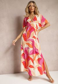 Renee - Różowo-Beżowa Rozkloszowana Sukienka z Krótkimi Rękawami Typu Nietoperz Leraphi. Kolor: różowy. Materiał: tkanina. Długość rękawa: krótki rękaw #4