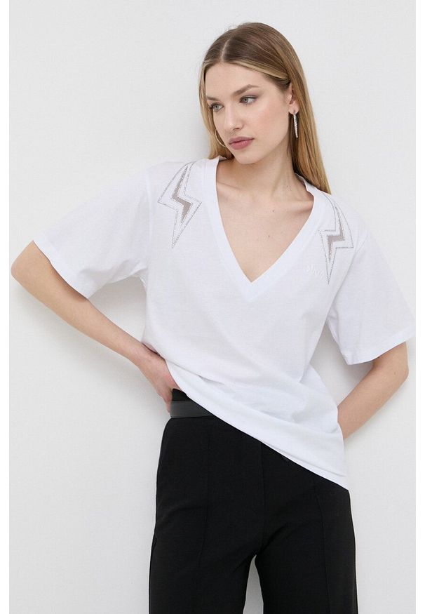 Pinko t-shirt bawełniany kolor biały. Kolor: biały. Materiał: bawełna. Długość rękawa: krótki rękaw. Długość: krótkie. Wzór: aplikacja