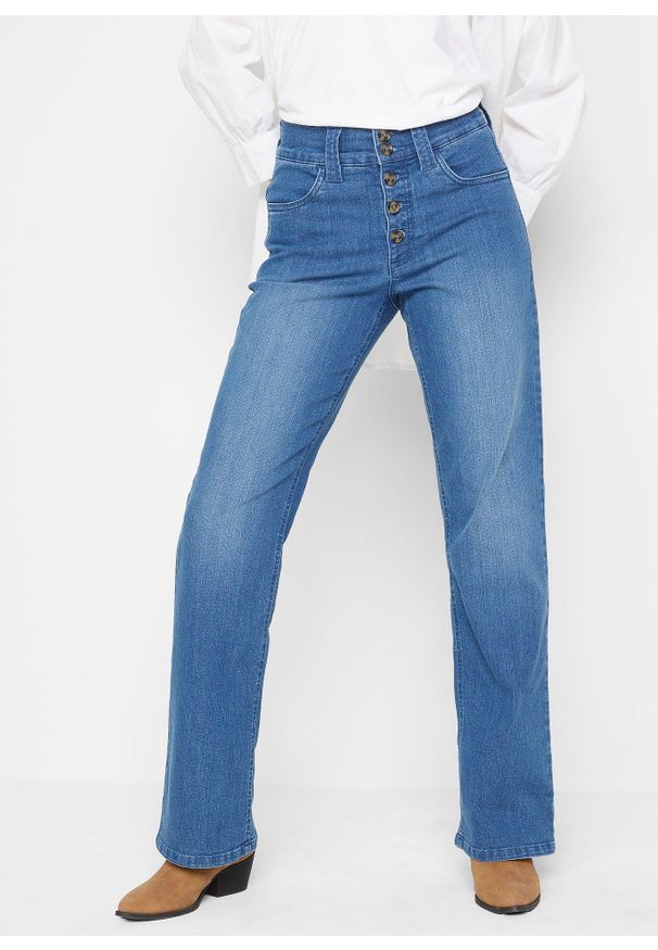 bonprix - Dżinsy ze stretchem z wysokim stanem, straight. Stan: podwyższony. Kolor: niebieski