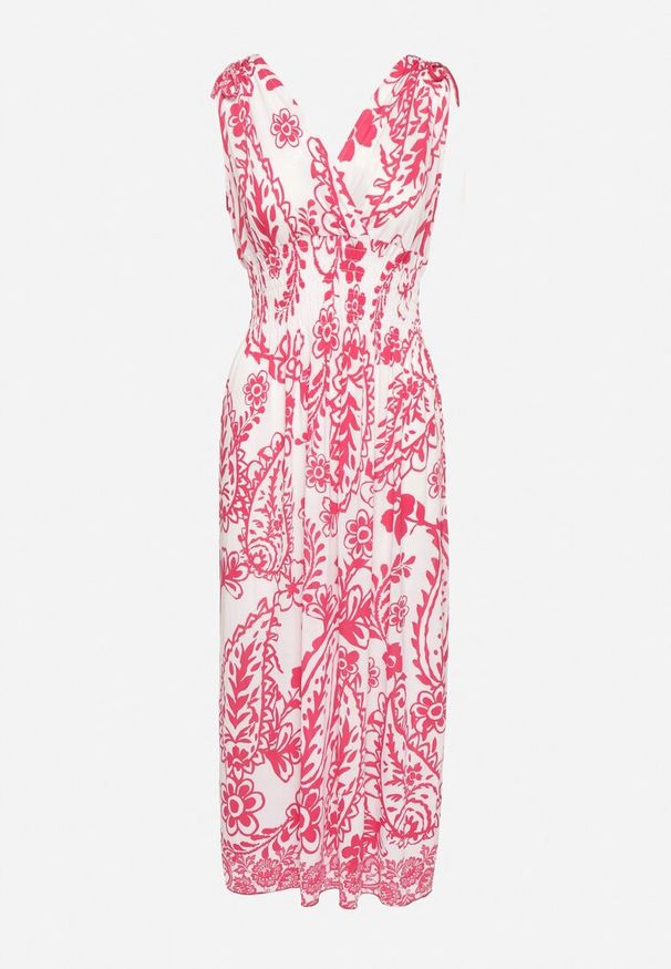 Born2be - Różowa Sukienka z Roślinnym Wzorem i Kopertowym Dekoltem z Gumką w Talii Orrune. Okazja: na co dzień, na spotkanie biznesowe, do pracy. Typ kołnierza: dekolt kopertowy. Kolor: różowy. Materiał: jeans. Sezon: lato. Typ sukienki: kopertowe. Styl: biznesowy, casual, klasyczny