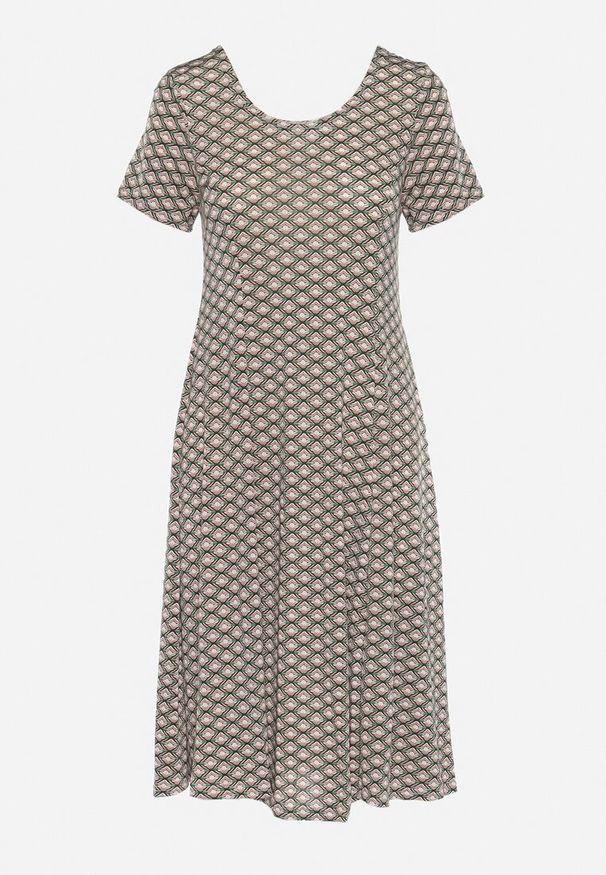 Born2be - Zielono-Beżowa Letnia Sukienka z Wiskozy w Mozaikowy Wzór Ivalia. Kolor: zielony. Materiał: wiskoza. Wzór: aplikacja. Sezon: lato