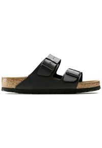 Klapki damskie Birkenstock Arizona BS (0551253). Okazja: na co dzień, na spacer. Zapięcie: pasek. Kolor: czarny. Materiał: skóra, materiał. Wzór: paski. Sezon: lato. Styl: klasyczny, sportowy, wakacyjny, młodzieżowy, casual