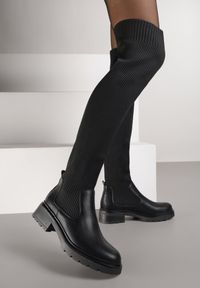 Born2be - Czarne Kozaki z Elastyczną Cholewką Idandrou. Wysokość cholewki: za kolano. Nosek buta: okrągły. Kolor: czarny. Materiał: prążkowany, skóra, dzianina. Szerokość cholewki: normalna #2