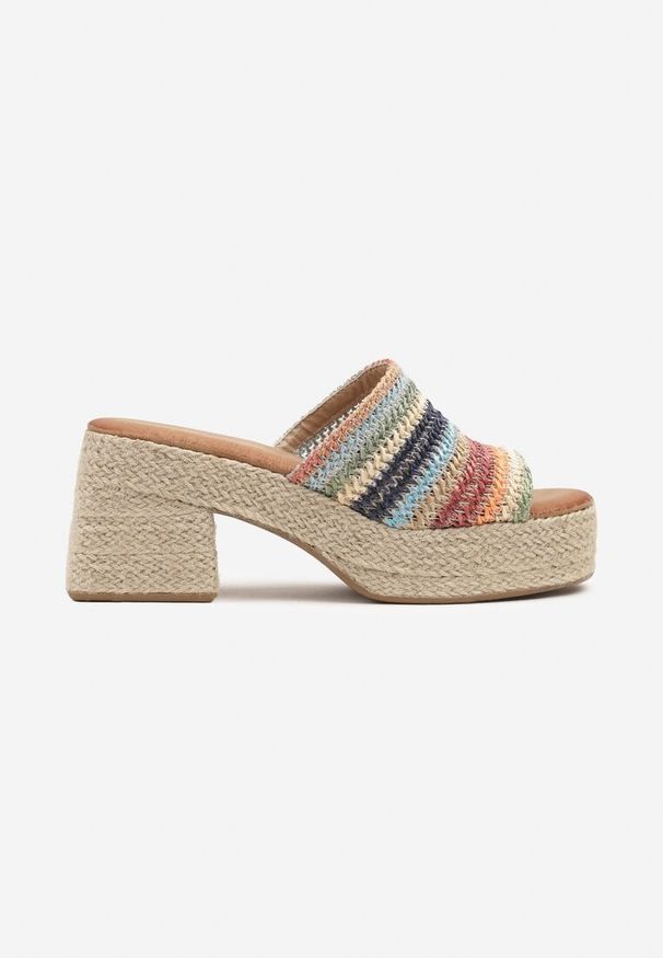 Born2be - Beżowo-Niebieskie Plecione Klapki na Słupku i Platformie Rivabia. Okazja: na co dzień. Kolor: beżowy. Materiał: jeans. Obcas: na platformie. Styl: elegancki, casual. Wysokość obcasa: średni
