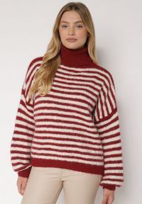 Born2be - Bordowy Golf z Domieszką Wełny w Paski Monallia. Okazja: na co dzień. Typ kołnierza: golf. Kolor: czerwony. Materiał: wełna. Wzór: paski. Styl: klasyczny, casual, elegancki #5