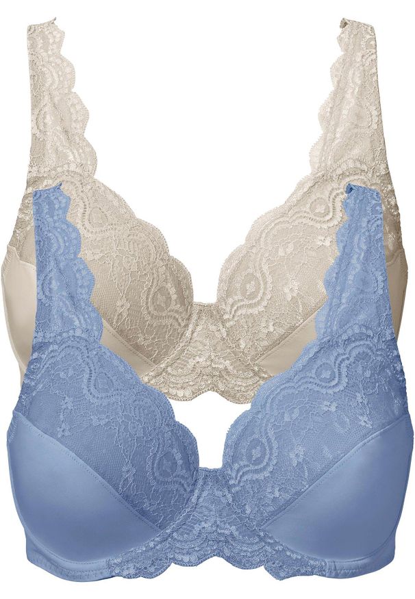 bonprix - Biustonosz na fiszbinach z delikatną koronką (2 szt.). Kolor: niebieski. Materiał: koronka. Wzór: aplikacja, koronka
