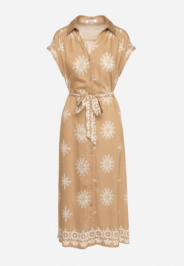 Born2be - Brązowa Sukienka z Wiskozą o Koszulowym Kroju Zapinana na Guziki Mivitia. Okazja: na spacer, na spotkanie biznesowe. Typ kołnierza: dekolt w kształcie V. Kolor: brązowy. Materiał: wiskoza. Typ sukienki: koszulowe. Styl: elegancki, biznesowy